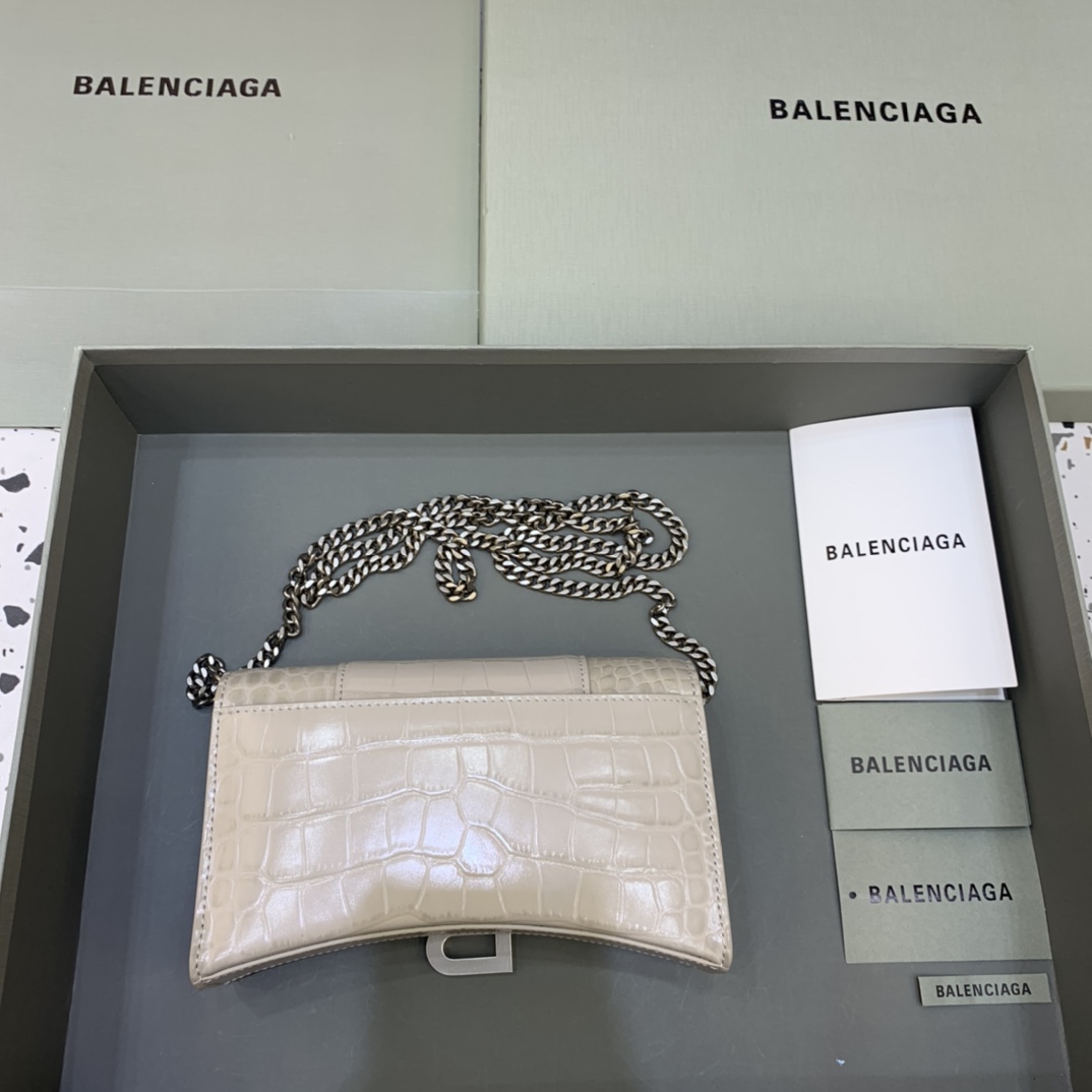 Balenciaga Small Hourglass Wallet With Chain Crocodile Embossed Shoulder Bag Beige